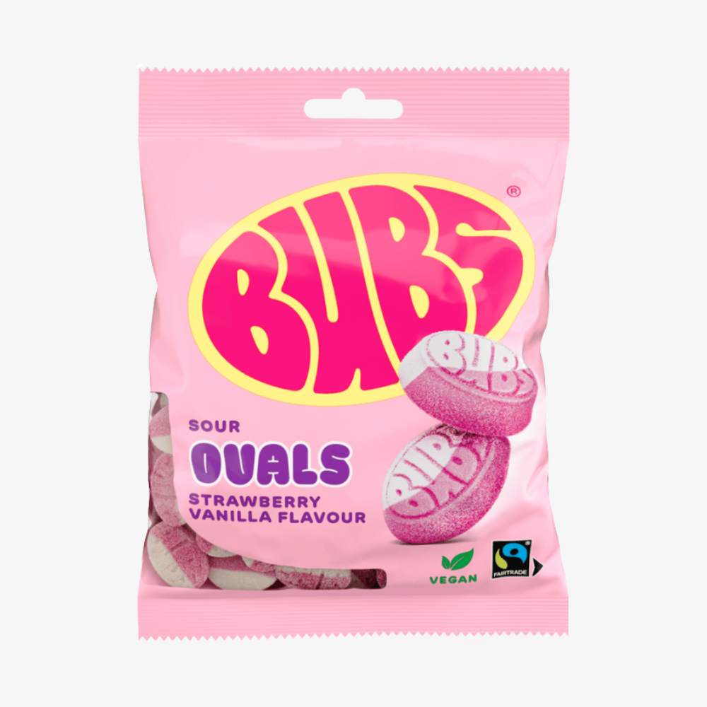 Bubs Sour Ovals gummy candies with strawberry and vanilla flavor