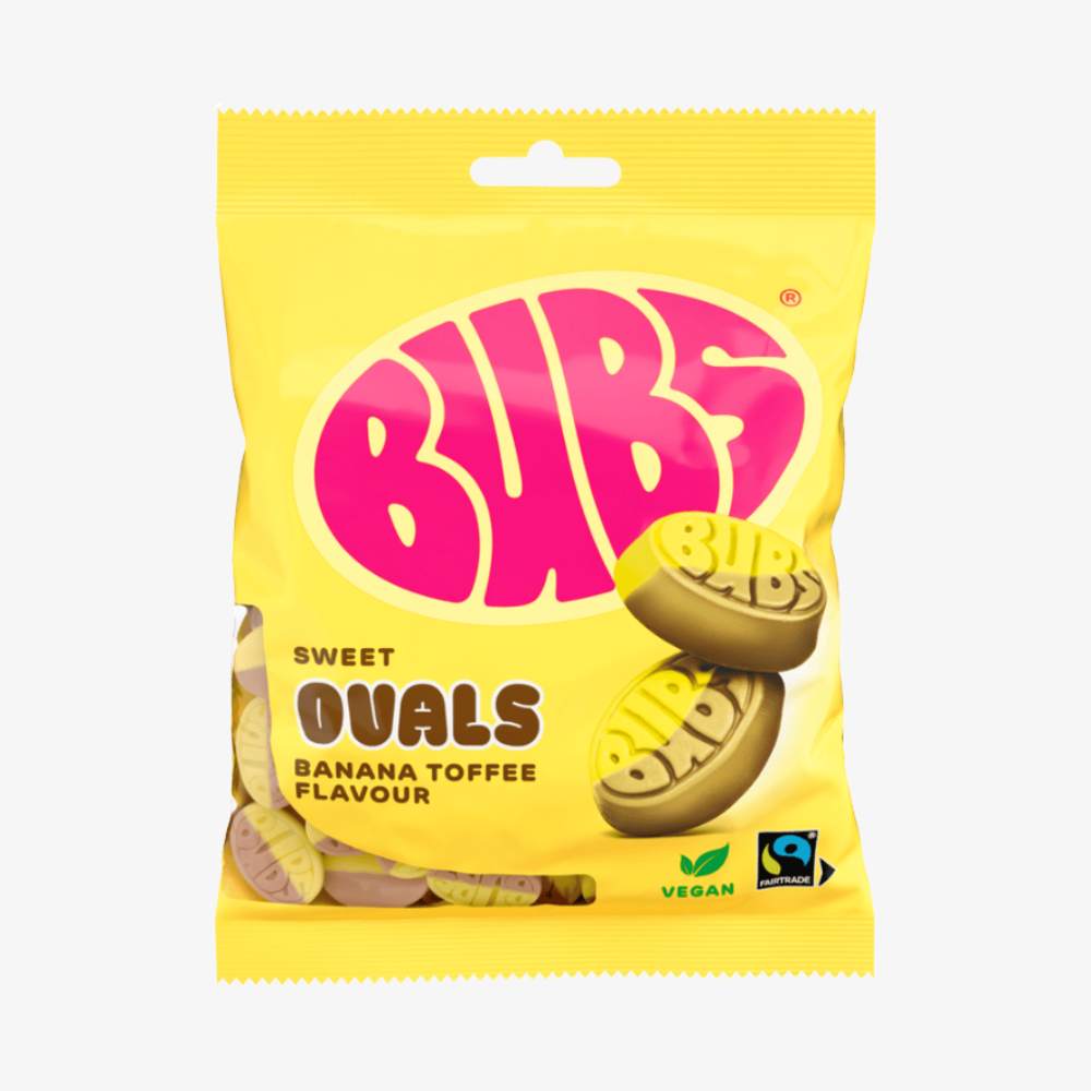 Yellow package of Bubs Sweet Ovals Banana Toffee Flavour 